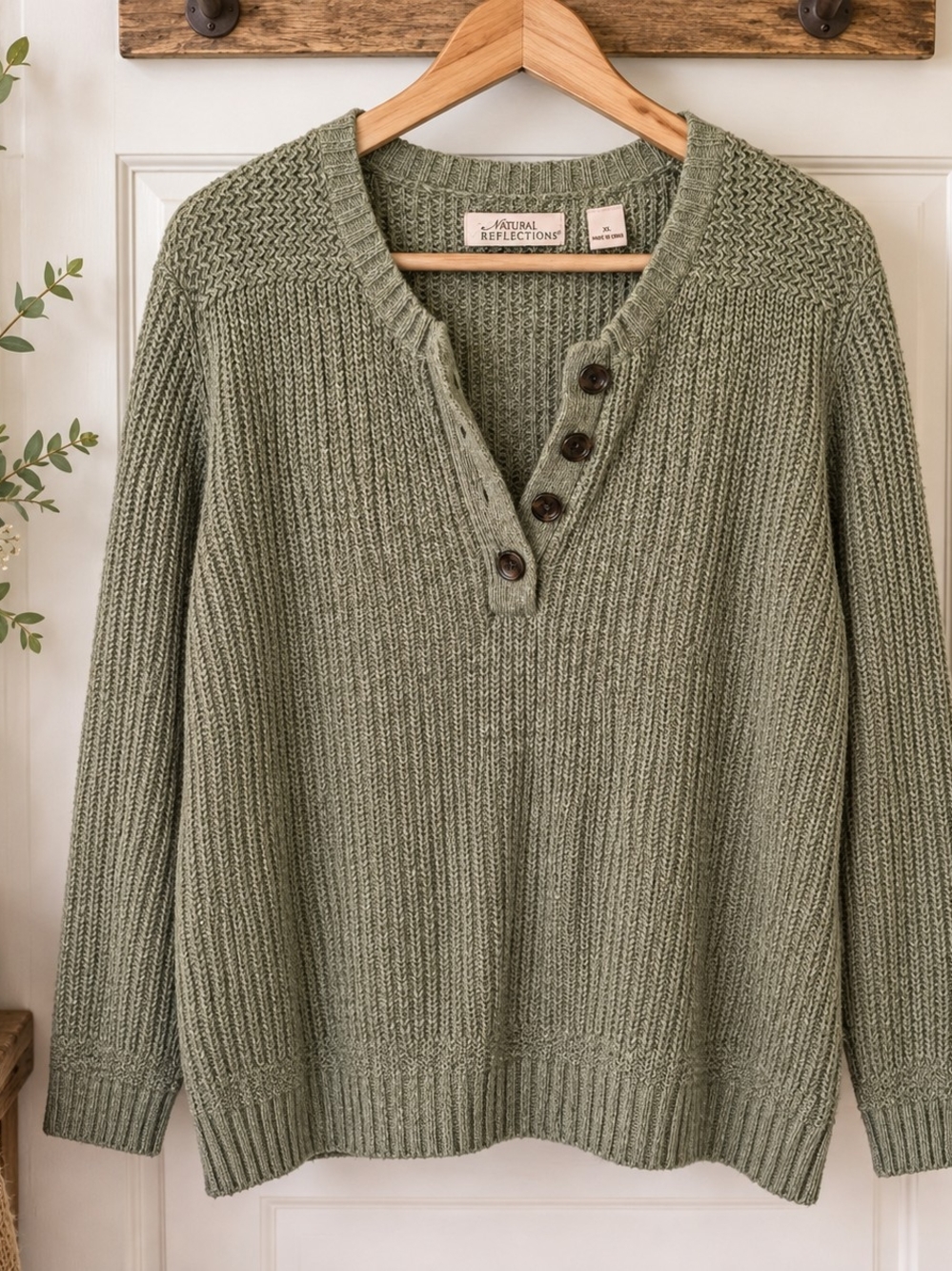Natural Reflections XL Sage Green Cotton Blend Henley Knit Sweater